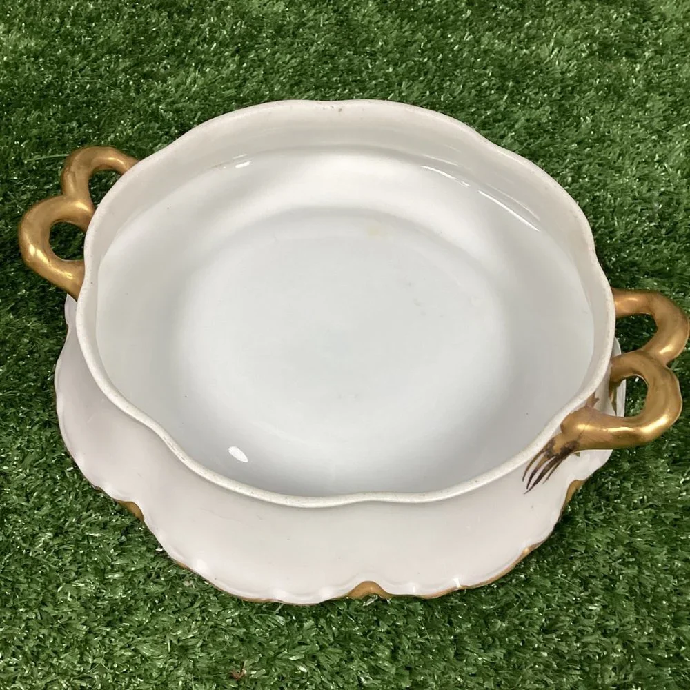 Antique Haviland Limoges Gold & White Porcelain Tureen Covered Bowl